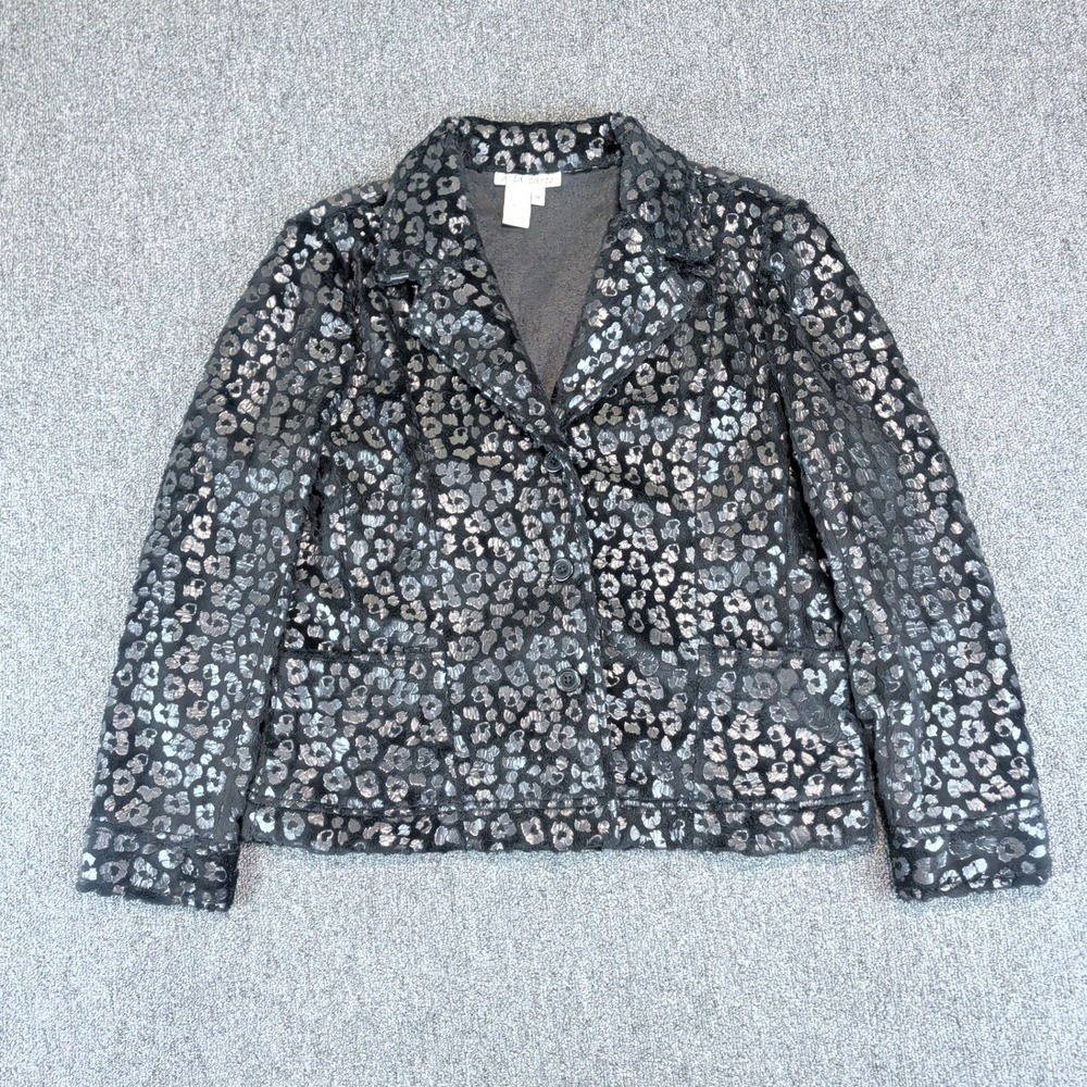 A La Carte Y2K Metallic Leopard Print Faux Fur Blazer Jacket Women Size M Black
